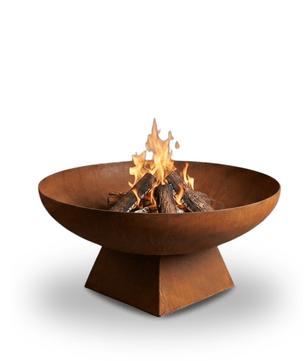 Corten steel fire pit with flames on a white background
