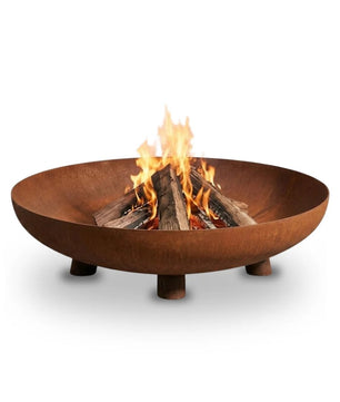 Corten steel fire pit with flames on a white background