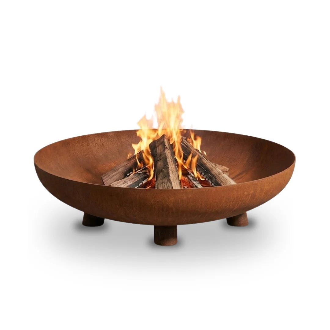 Corten steel fire pit with flames on a white background