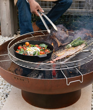 Person grilling vegetables and fish on a fire pit in an outdoor setting