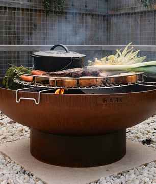 Outdoor fire pit with cooking utensils and vegetables in a garden setting