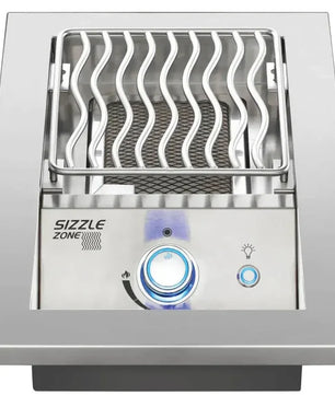 Stainless steel gas grill with 'Sizzle Zone' branding on a white background
