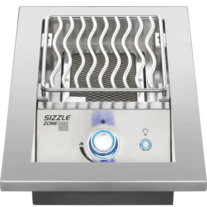 Stainless steel gas grill with 'Sizzle Zone' branding on a white background