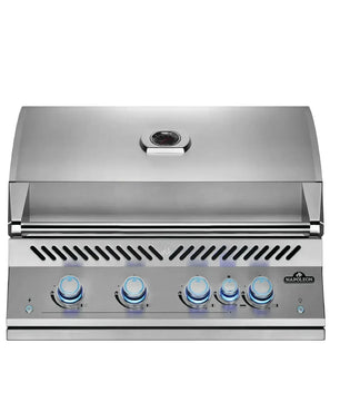 A stainless steel outdoor gas grill with a closed lid and five blue-tinted control knobs on the front panel, shown against a plain white background.