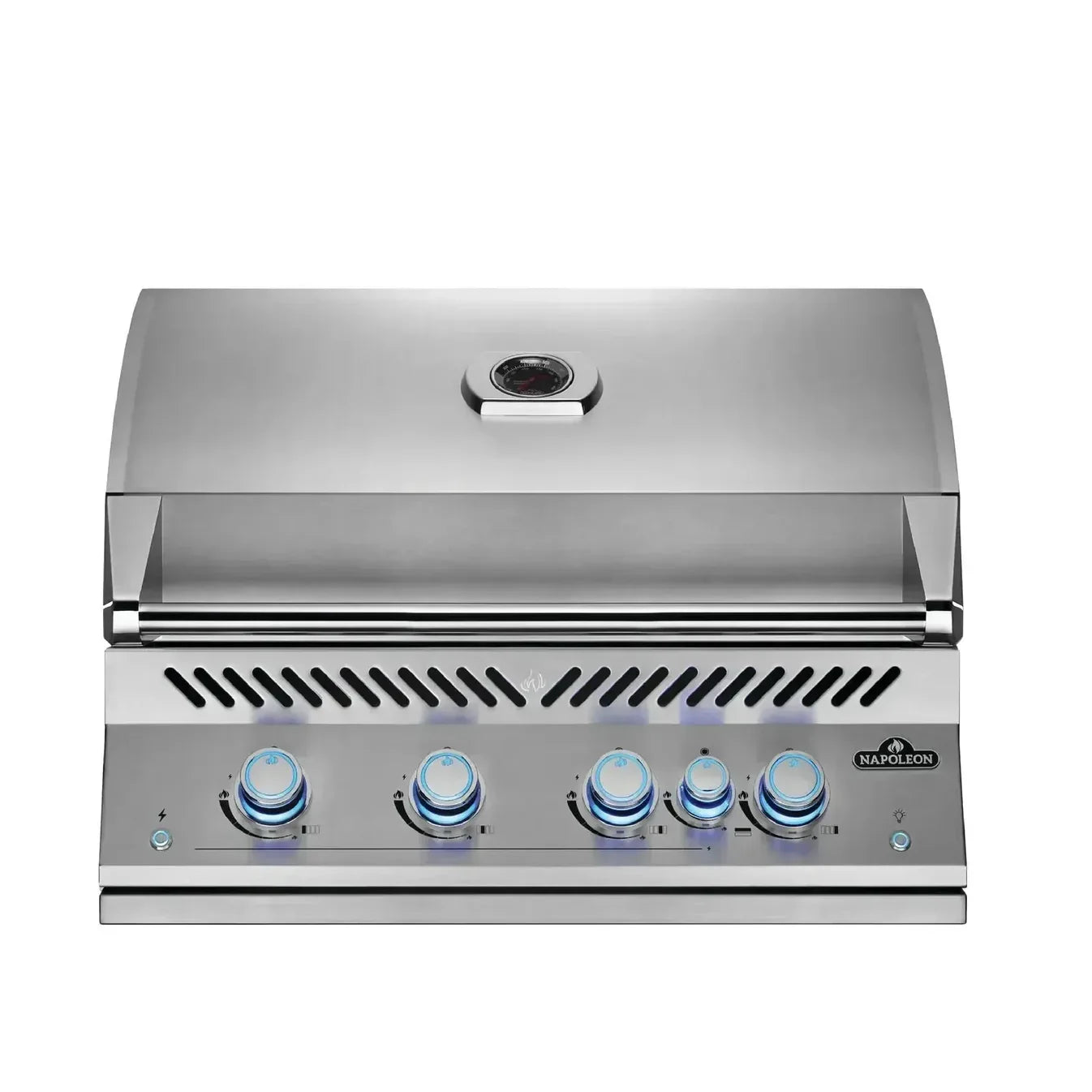 A stainless steel outdoor gas grill with a closed lid and five blue-tinted control knobs on the front panel, shown against a plain white background.