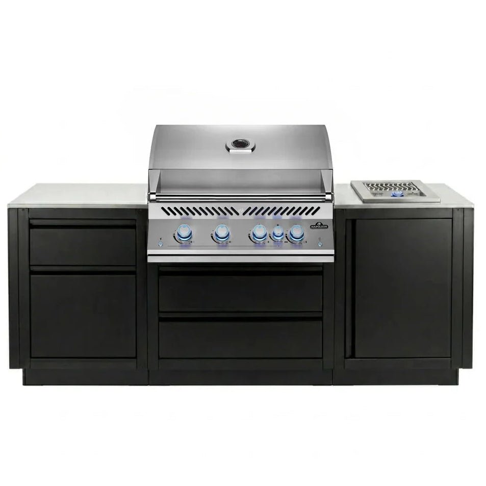 Stainless steel outdoor grill with black cabinets on a white background