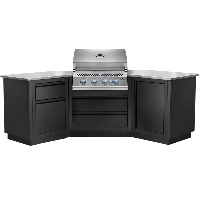 Outdoor kitchen with a grill and black cabinets on a white background
