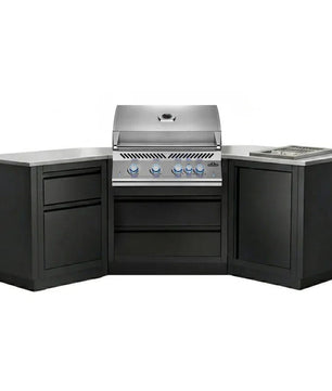 A modular outdoor kitchen island set featuring black cabinets, stainless steel countertops, a built-in gas grill, and a built-in cooktop, shown on a solid white background.