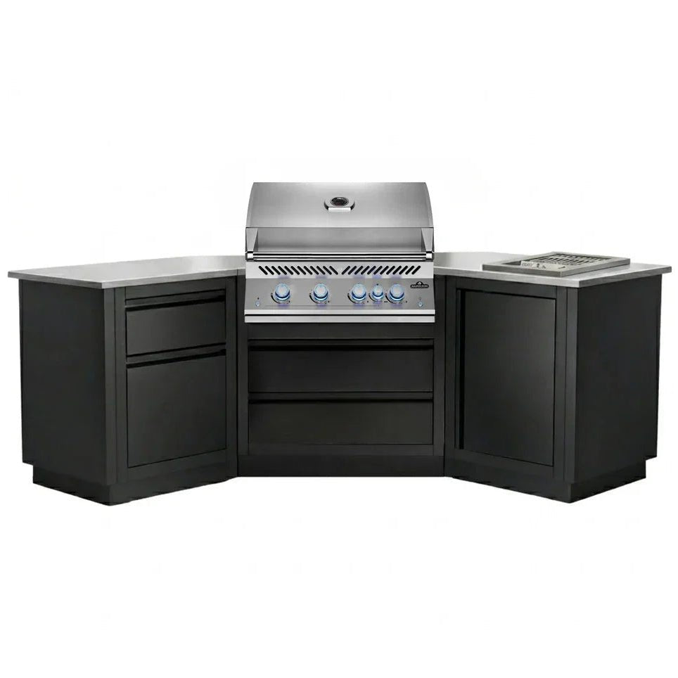 A modular outdoor kitchen island set featuring black cabinets, stainless steel countertops, a built-in gas grill, and a built-in cooktop, shown on a solid white background.