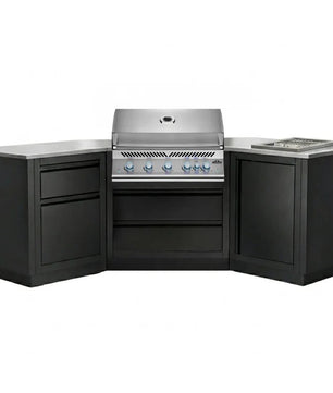A modular outdoor kitchen island set featuring black cabinets, stainless steel countertops, a built-in gas grill, and a built-in sink, shown on a solid white background.