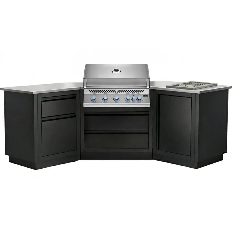 A modular outdoor kitchen island set featuring black cabinets, stainless steel countertops, a built-in gas grill, and a built-in sink, shown on a solid white background.