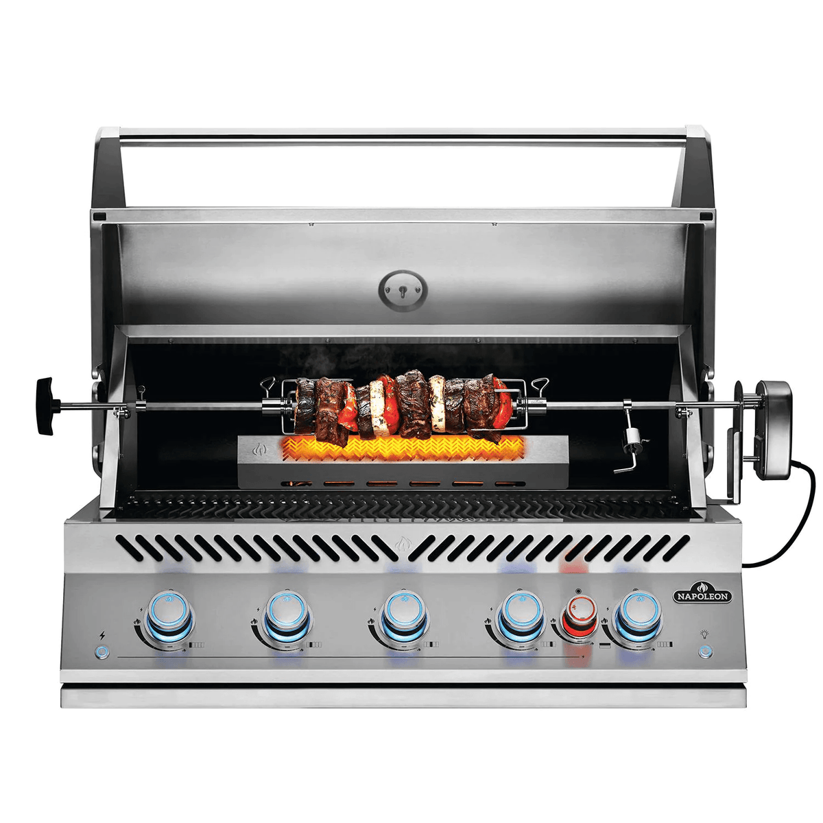 A stainless steel outdoor rotisserie grill with five blue and red control knobs on the front, shown open with a rotisserie spit holding grilled meat and peppers over a flame. The brand name 'Starfire' is visible on the lower right front panel.