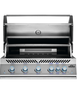 A stainless steel outdoor gas grill with its lid open, featuring five blue-tinted control knobs on the front and a visible 'PIRELINE' logo badge on the lower right.