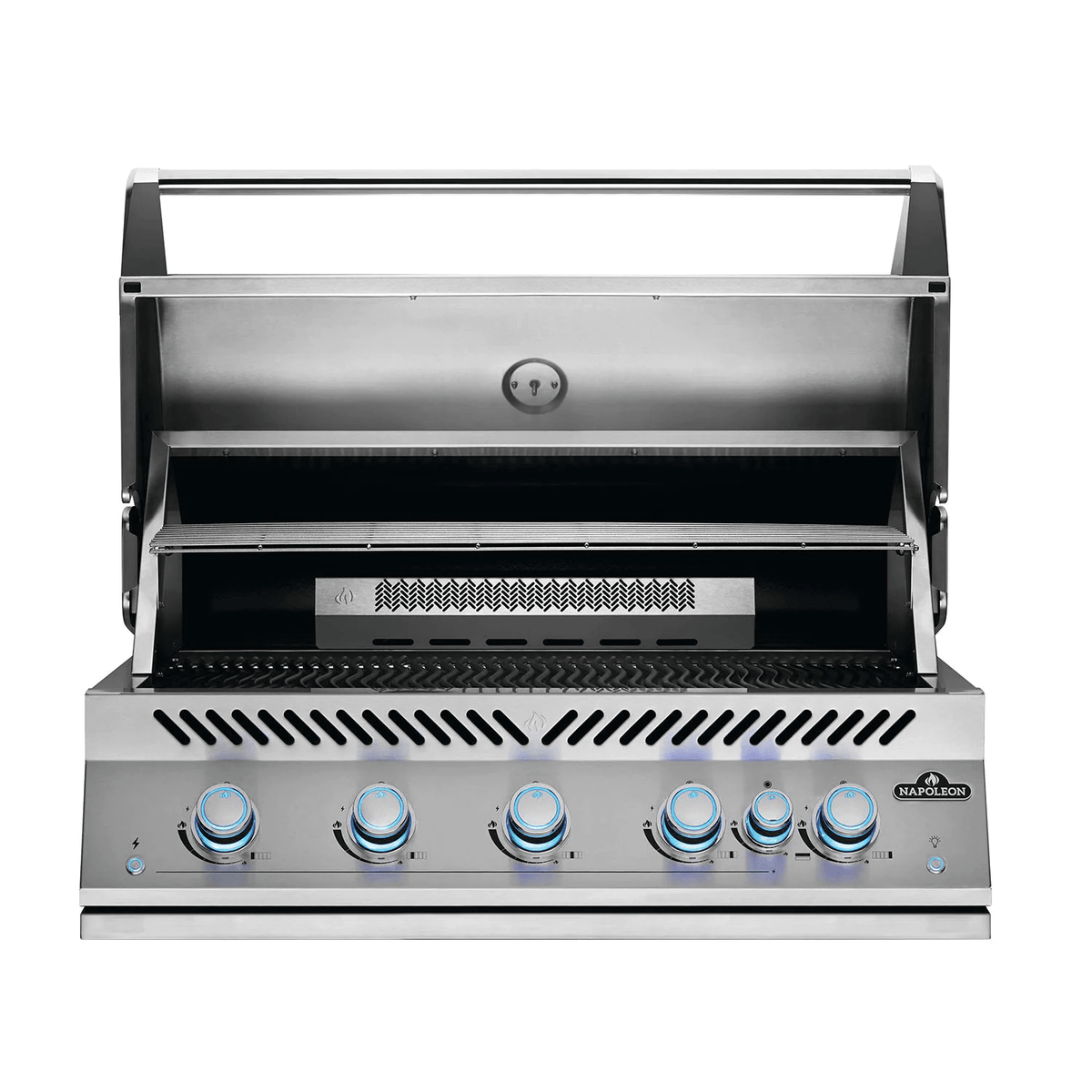 A stainless steel outdoor gas grill with its lid open, featuring five blue-tinted control knobs on the front and a visible 'PIRELINE' logo badge on the lower right.
