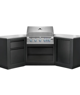 A black outdoor kitchen island set with a stainless steel gas grill built into the center, flanked by drawers on the left and a cabinet on the right, all on a white background.