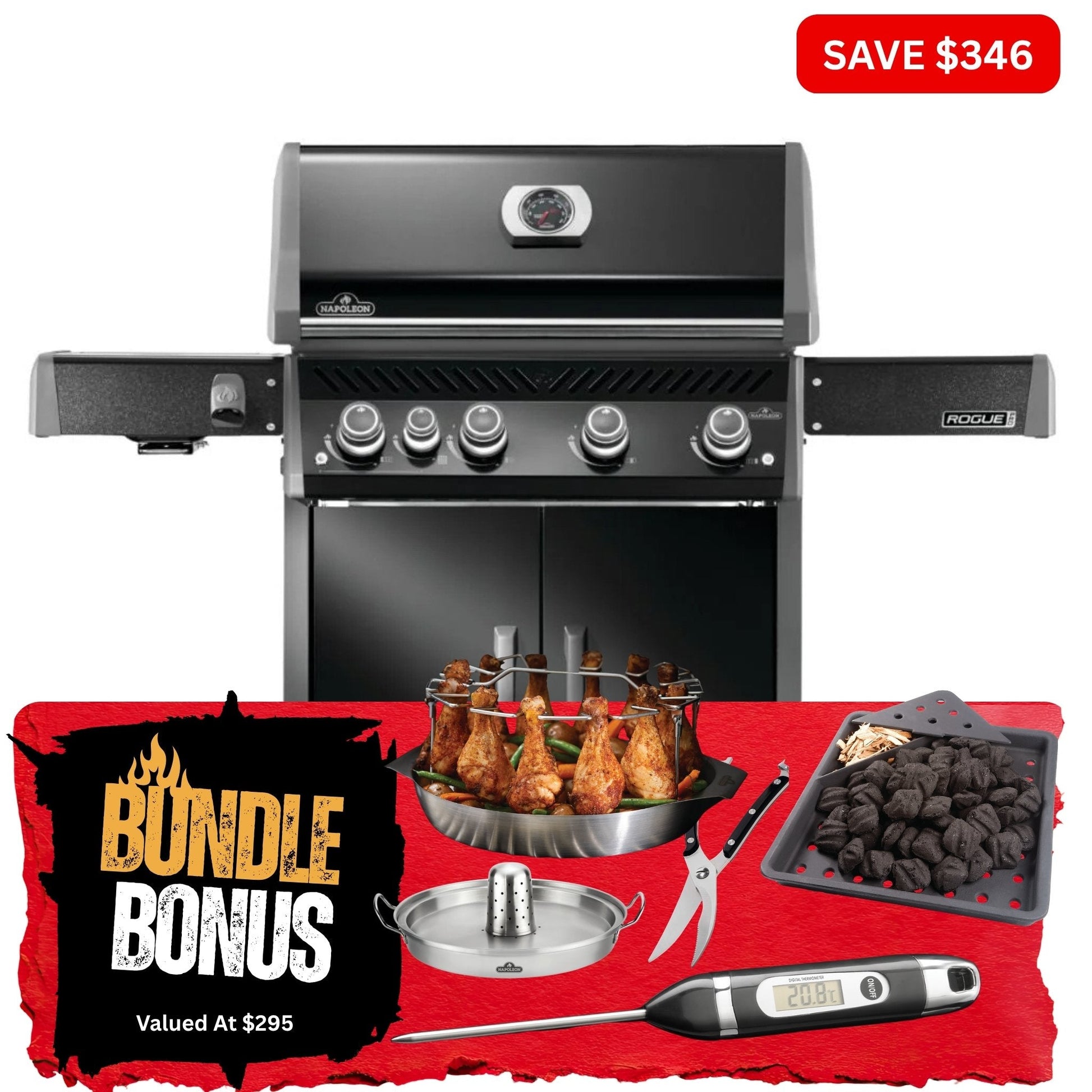 Napoleon Rogue Pro 525 Black 4 Burner BBQ with Infrared Sideburner - Smoked Bbq Co