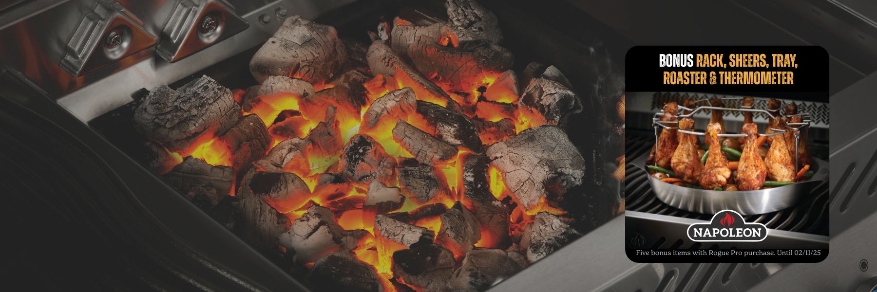 Grill with glowing coals and a Napoleon grill accessory kit on a black background
