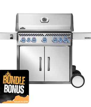 Stainless steel grill with 'Bundle Bonus' card on a white background