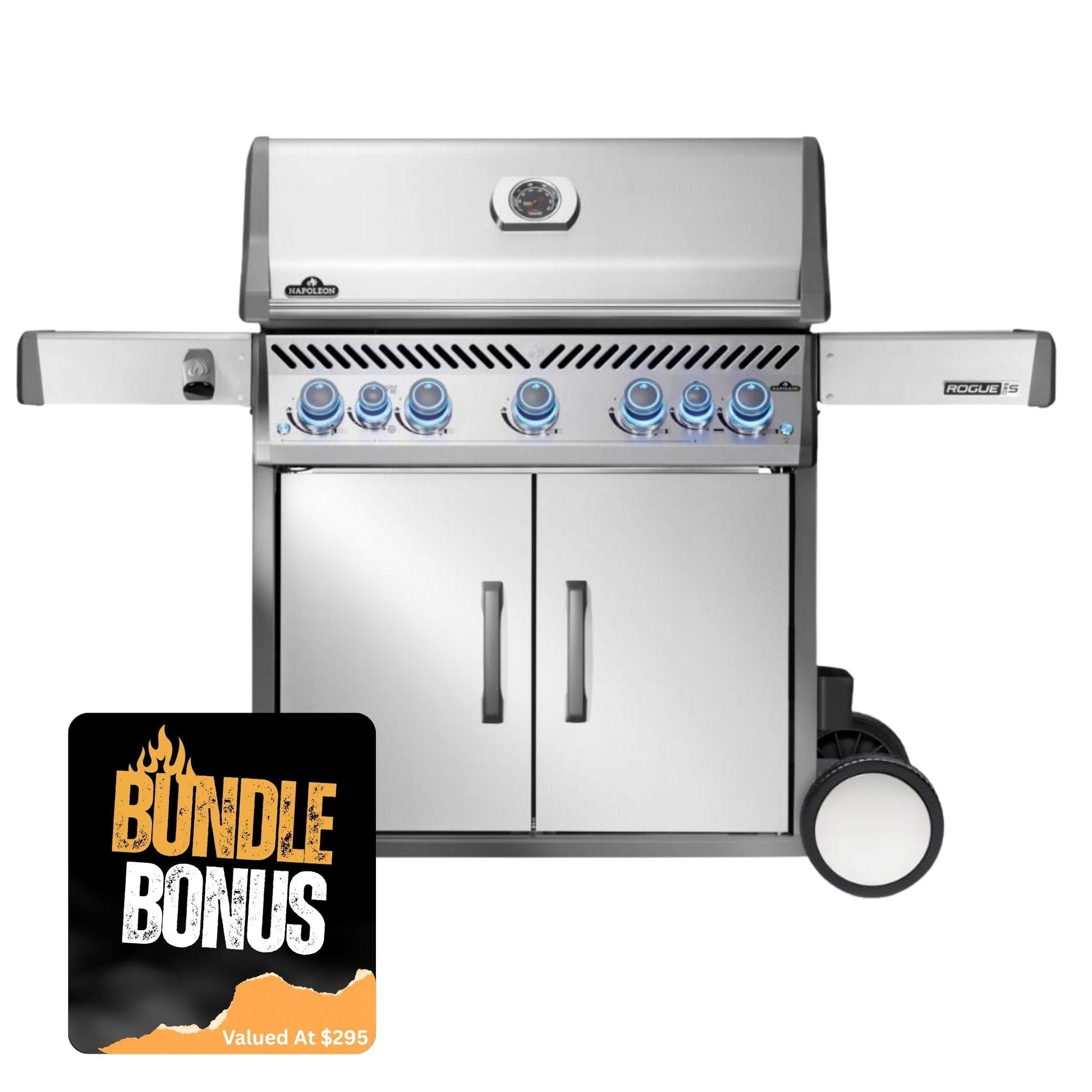 Stainless steel grill with 'Bundle Bonus' card on a white background