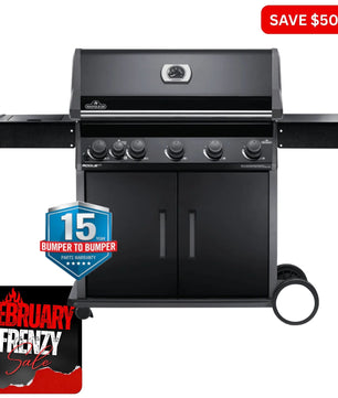 Black grill with promotional text and graphics on a white background
