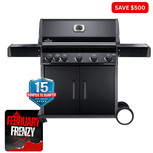 Black grill with promotional text and graphics on a white background