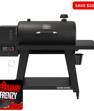 Black barbecue grill with promotional text on a white background