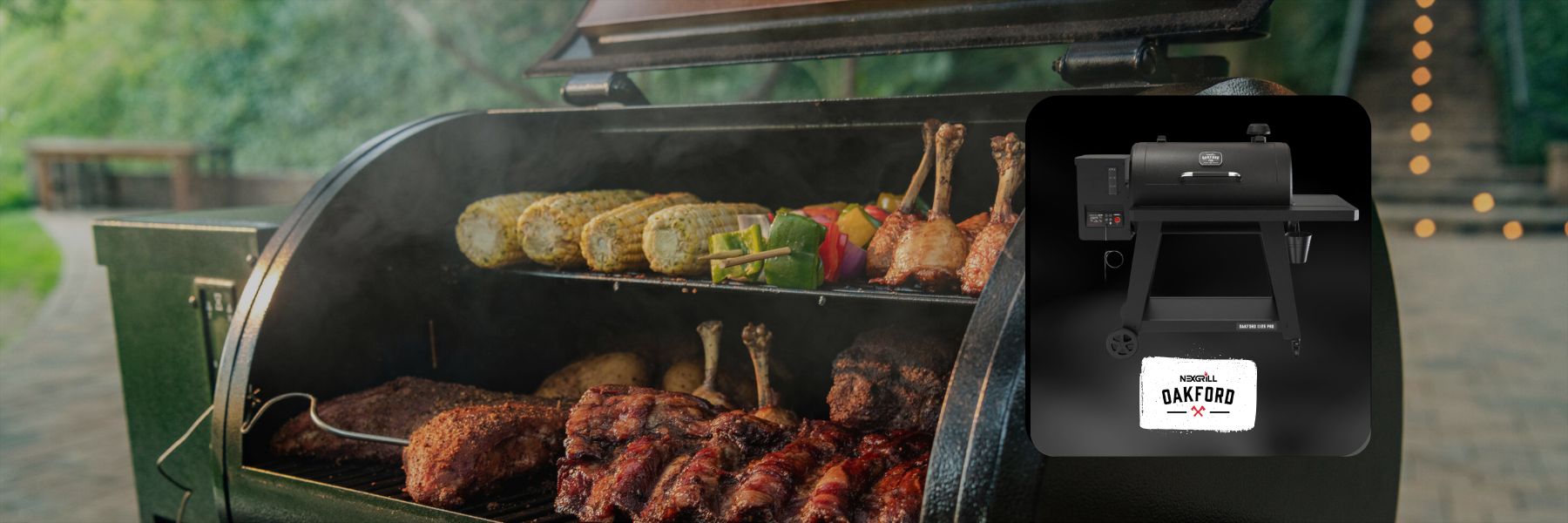 A black Saffro smoker grill shown open with meat, corn, and vegetables cooking inside, alongside a large inset close-up of the grill's front control panel and logo.