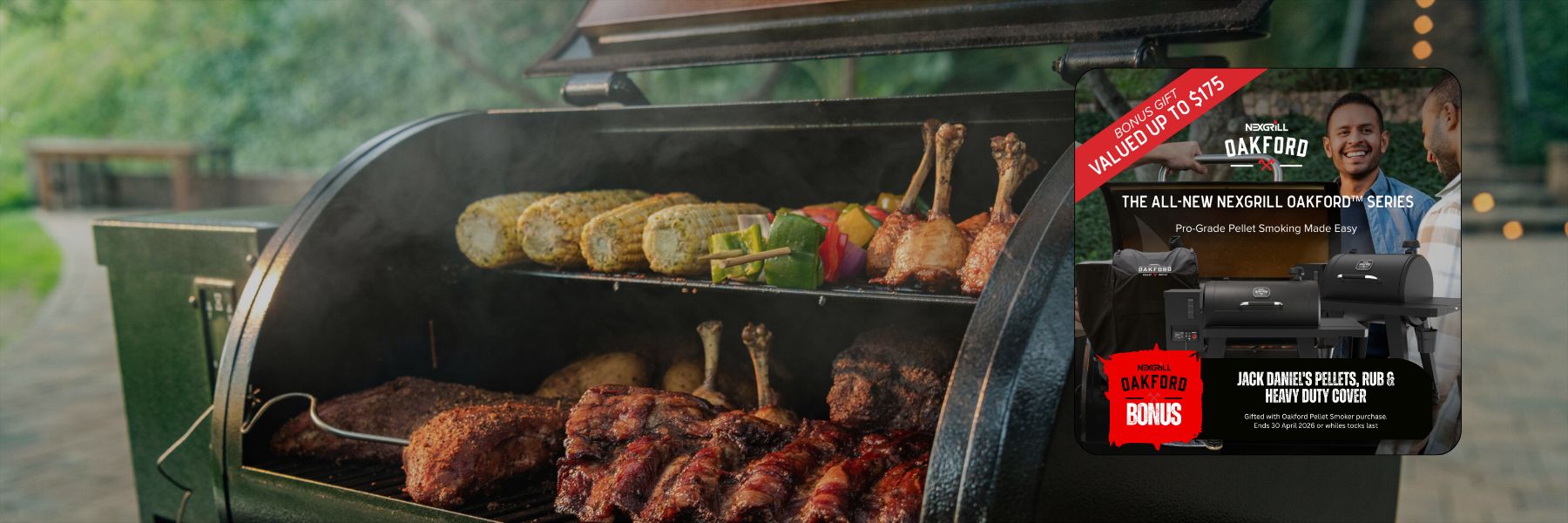 Barbecue grill with various meats and vegetables cooking, featuring a Dukers Grill advertisement on the right.