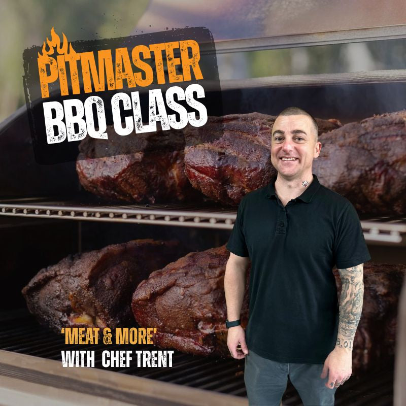 Man standing in front of a grill with 'Pitmaster BBQ Class' text and barbecue meats.