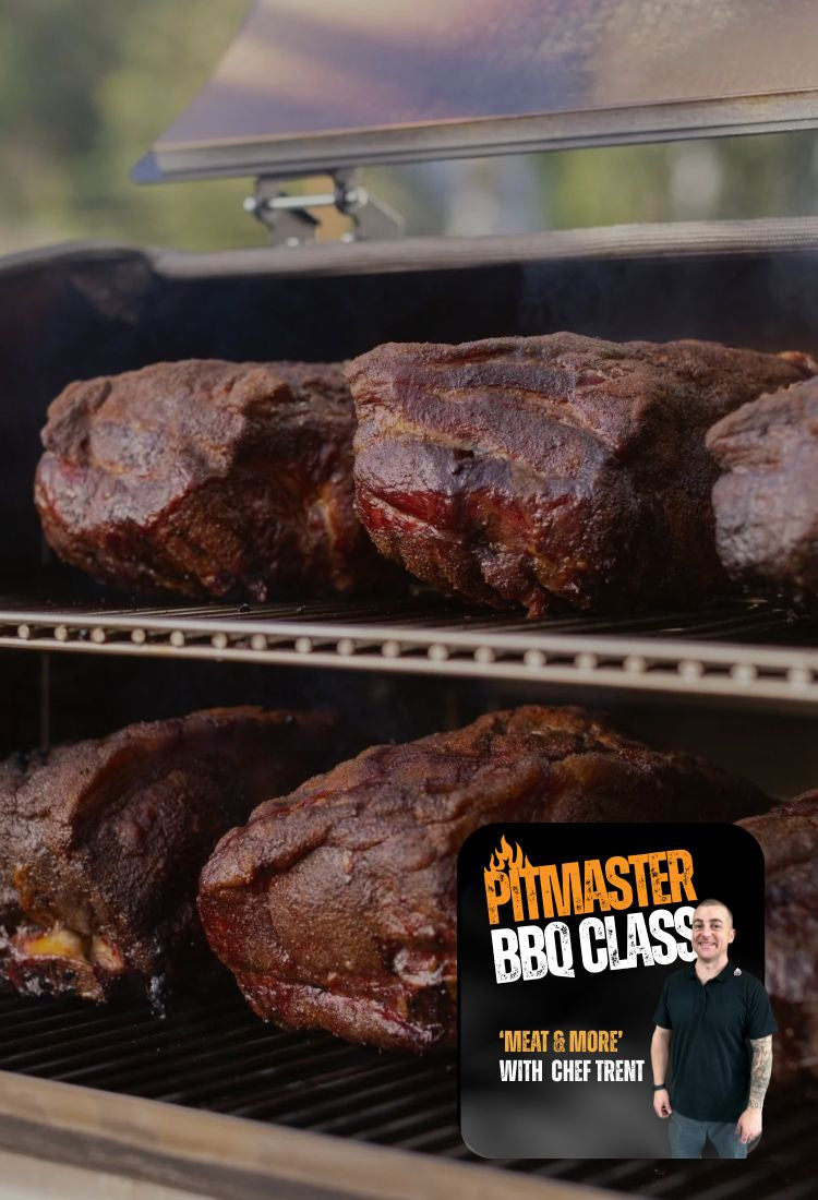 Meats cooking on a grill with a 'Pitmaster BBQ Class' promotional graphic.