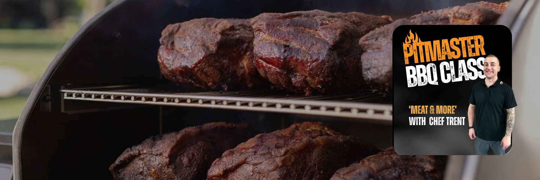 Smoked meats on a grill with 'Fitmaster BBQ Class' logo overlay