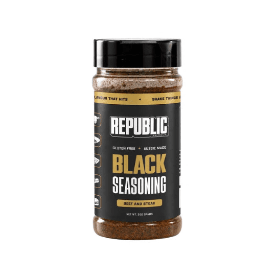 A 300g plastic jar of Republic Seasoning Black Seasoning for beef and steak, featuring a black label with gold and white text, a black lid, and visible brown seasoning inside.