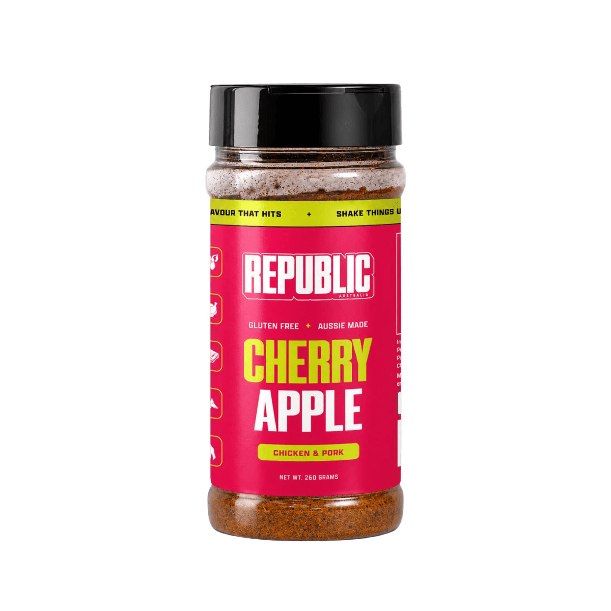 A bottle of Republic Australia Cherry Apple Chicken & Pork seasoning mix, featuring a bright pink label with bold yellow and white text, a black cap, and visible brown seasoning inside a clear plastic bottle.