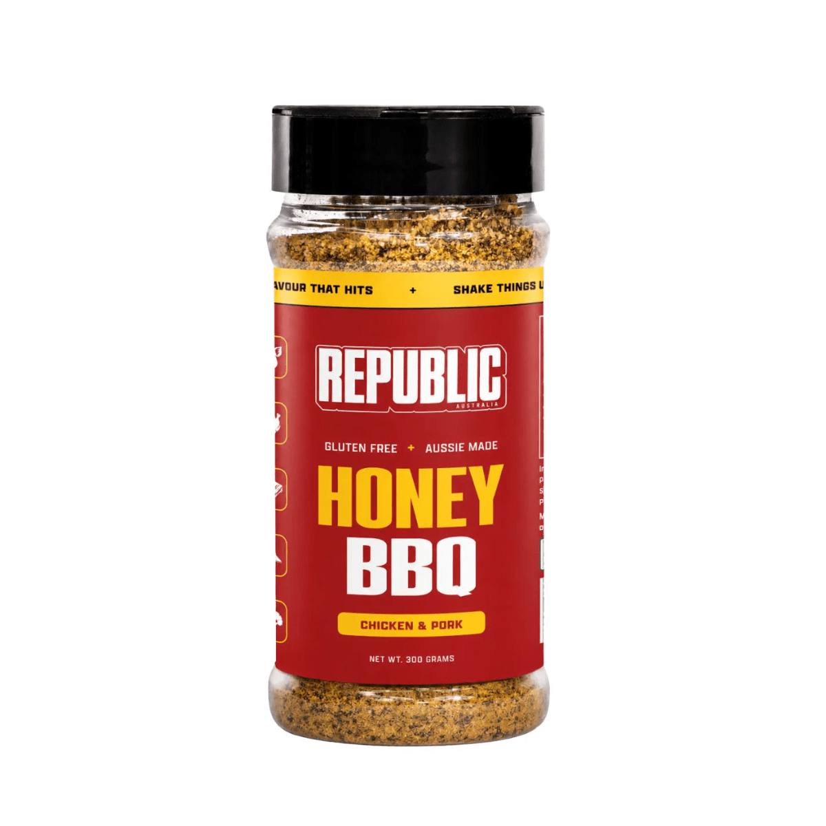 A 300g plastic shaker bottle of Republic Gourmet Honey BBQ seasoning, featuring a red label with yellow and white text, a black lid, and visible seasoning inside.