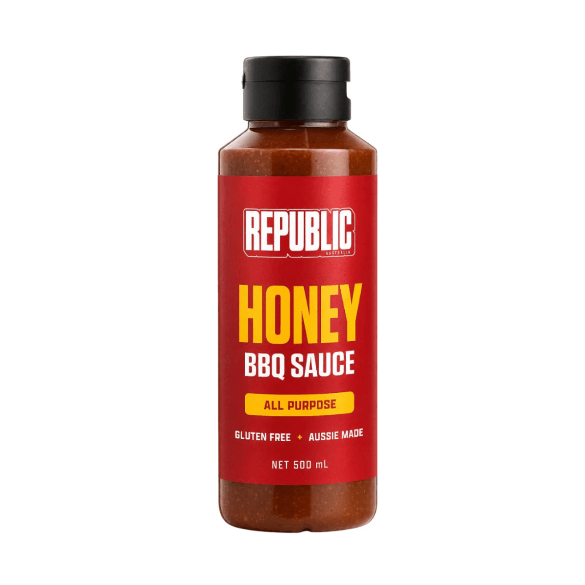 A 500 mL bottle of Republic Gourmet Honey BBQ Sauce with a red label and black cap, shown on a plain white background.