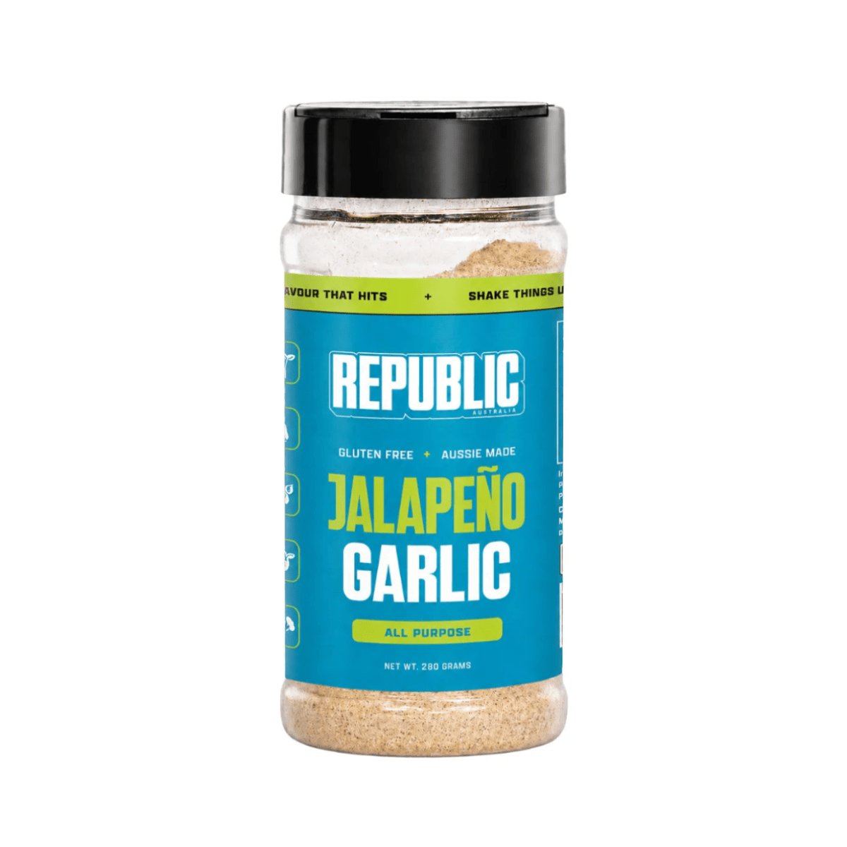 A clear plastic spice jar of Republic Seasonings Jalapeño Garlic seasoning, featuring a bright blue label with yellow and white text, a black lid, and visible seasoning inside.