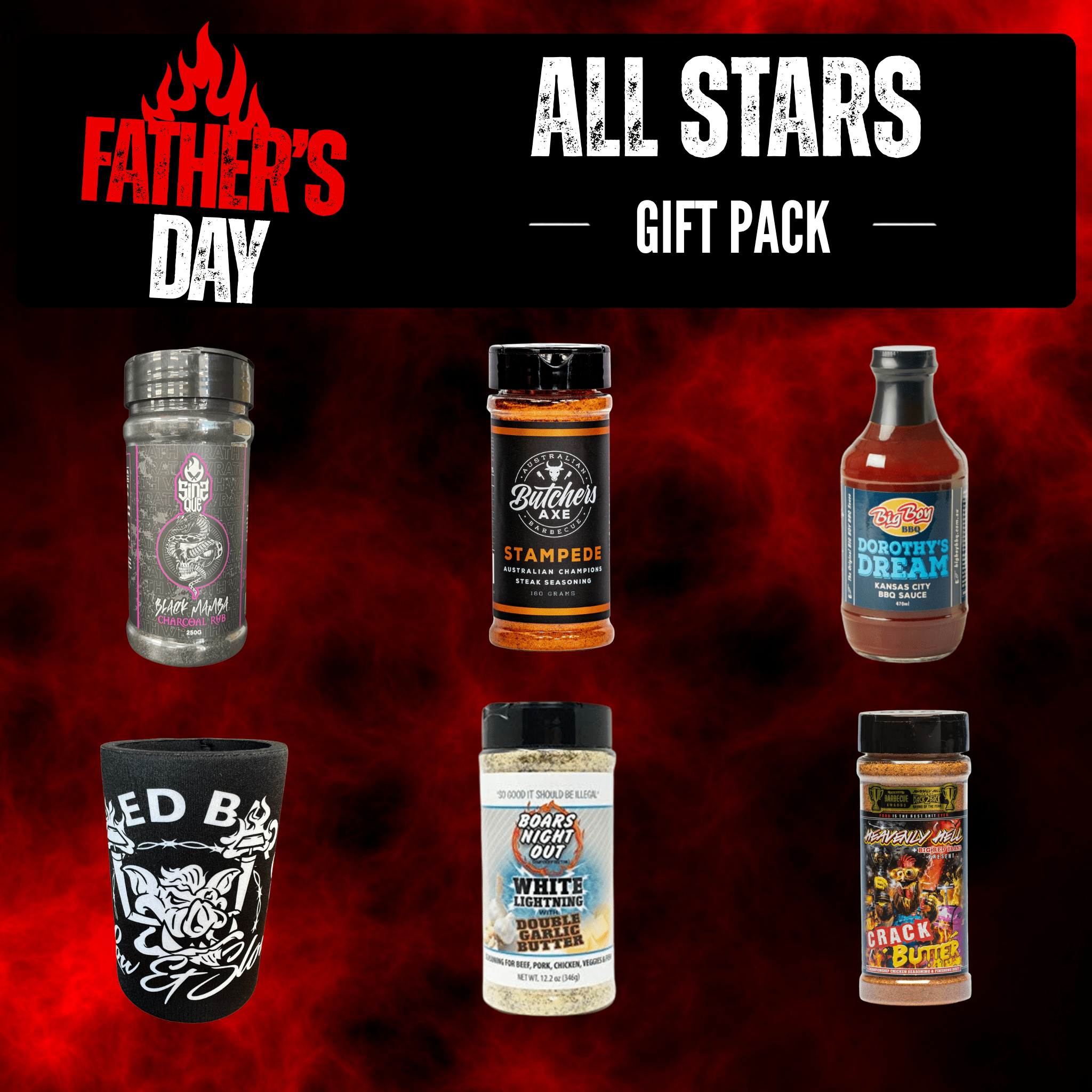 Father's Day All Stars Gift Pack featuring six BBQ-themed products: a clear bottle with a silver flame design, a stampede rub sauce bottle, a Smoke Dream hot sauce bottle, a black tumbler with white 'BED BY EGYPT' artwork, a white 'Back My Night Out' seasoning bottle, and a 'Back in the Suck' spice rub bottle, all set against a red smoky background with a black banner at the top.