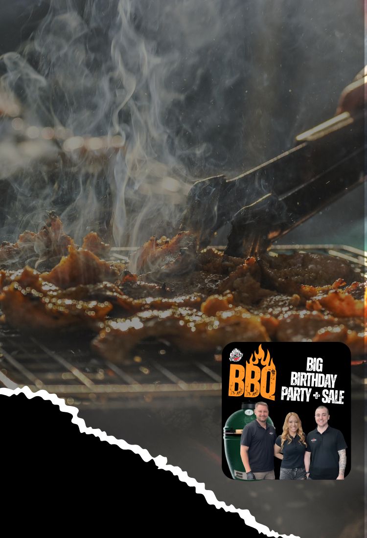 Grilled meat with tongs and a BBQ birthday party invitation and sale notice overlay