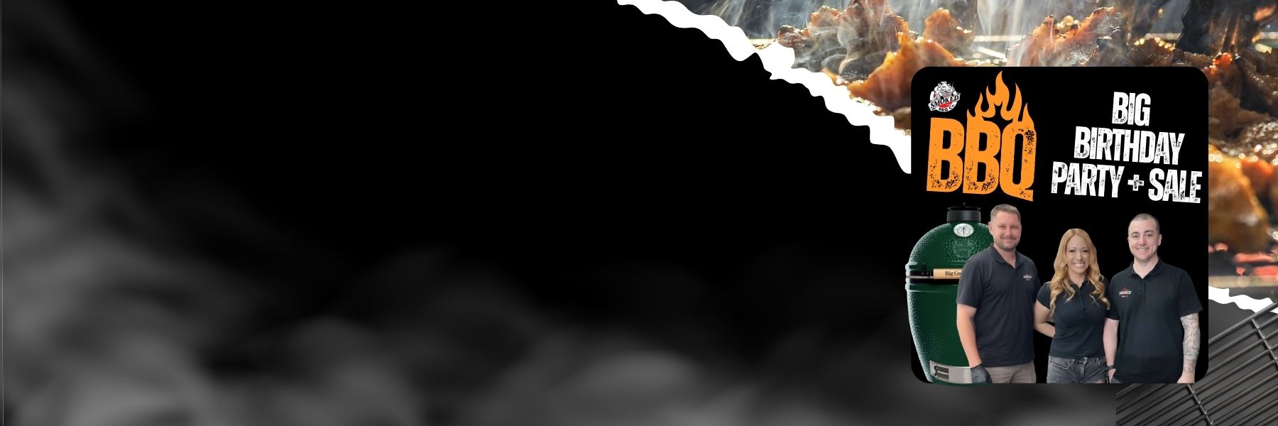 Promotional banner for a BBQ sale with text and people in front of a grill.