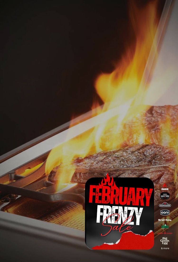Grilled steak on a grill with flames and 'February Frenzy' label.