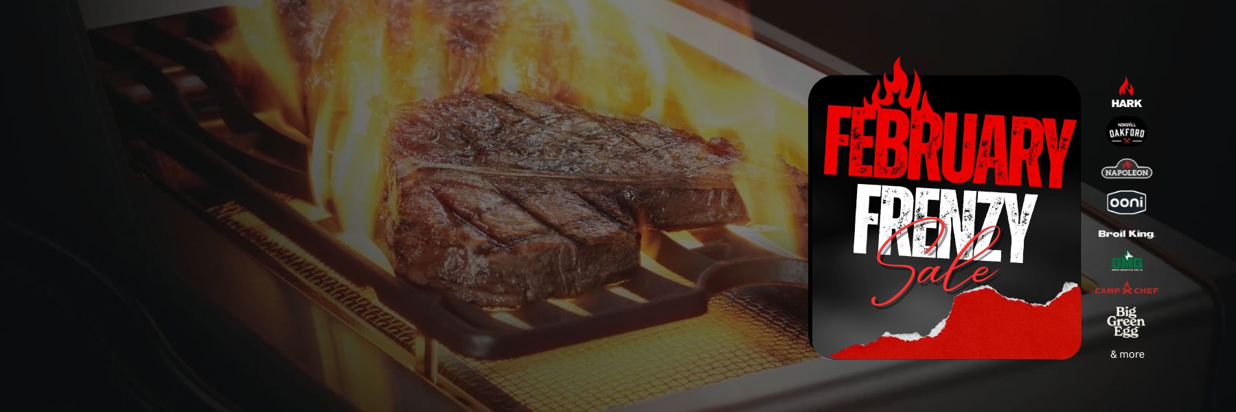 Steak on a grill with 'February Frenzy' promotion graphic in the corner.
