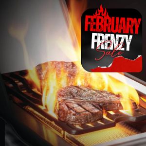 Steaks being cooked on a grill with flames and 'February Frenzy' logo.