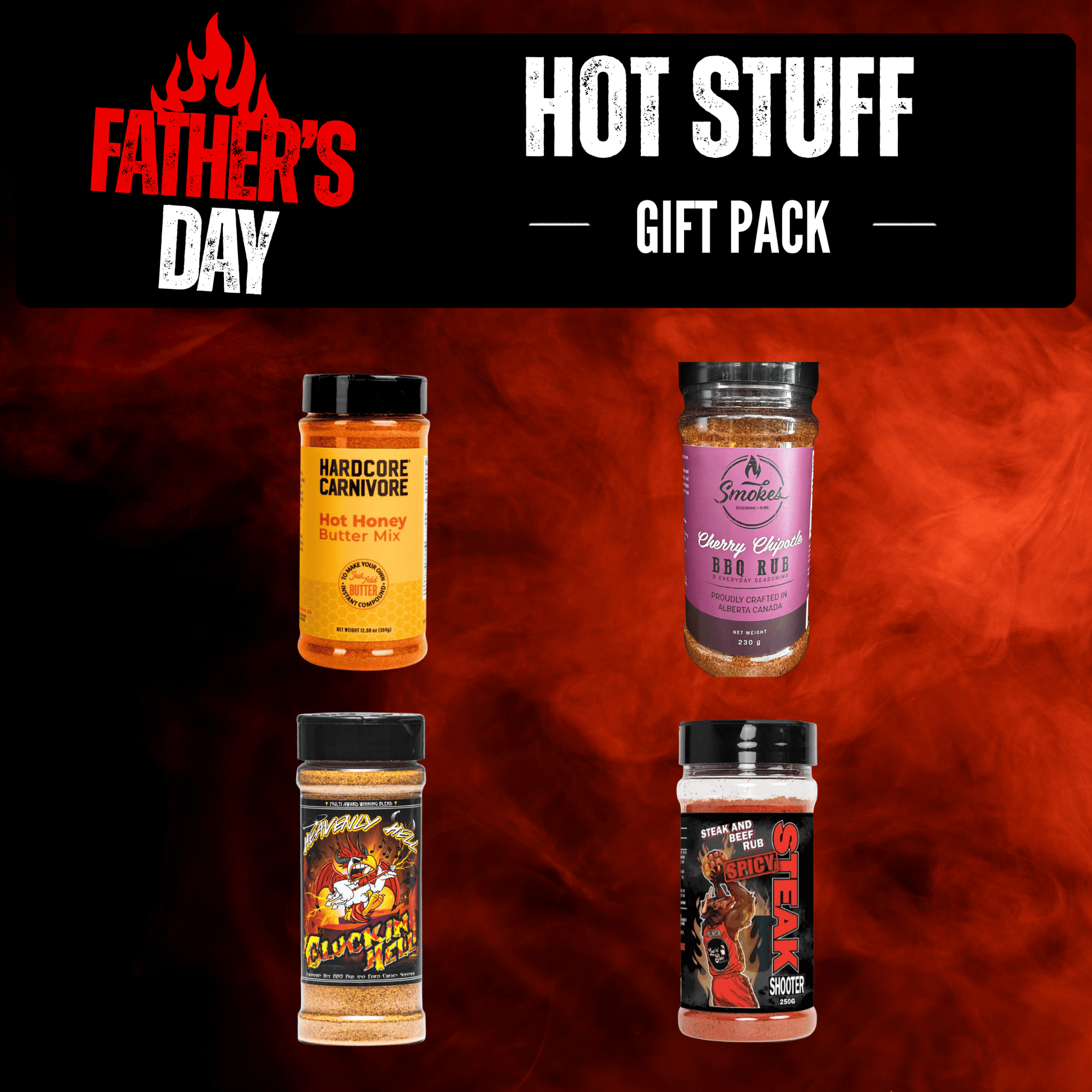 A Father's Day gift pack featuring four hot sauce bottles arranged in a grid against a fiery red and black background. The top of the image has a black banner with the text 'FATHER'S DAY HOT STUFF GIFT PACK'.