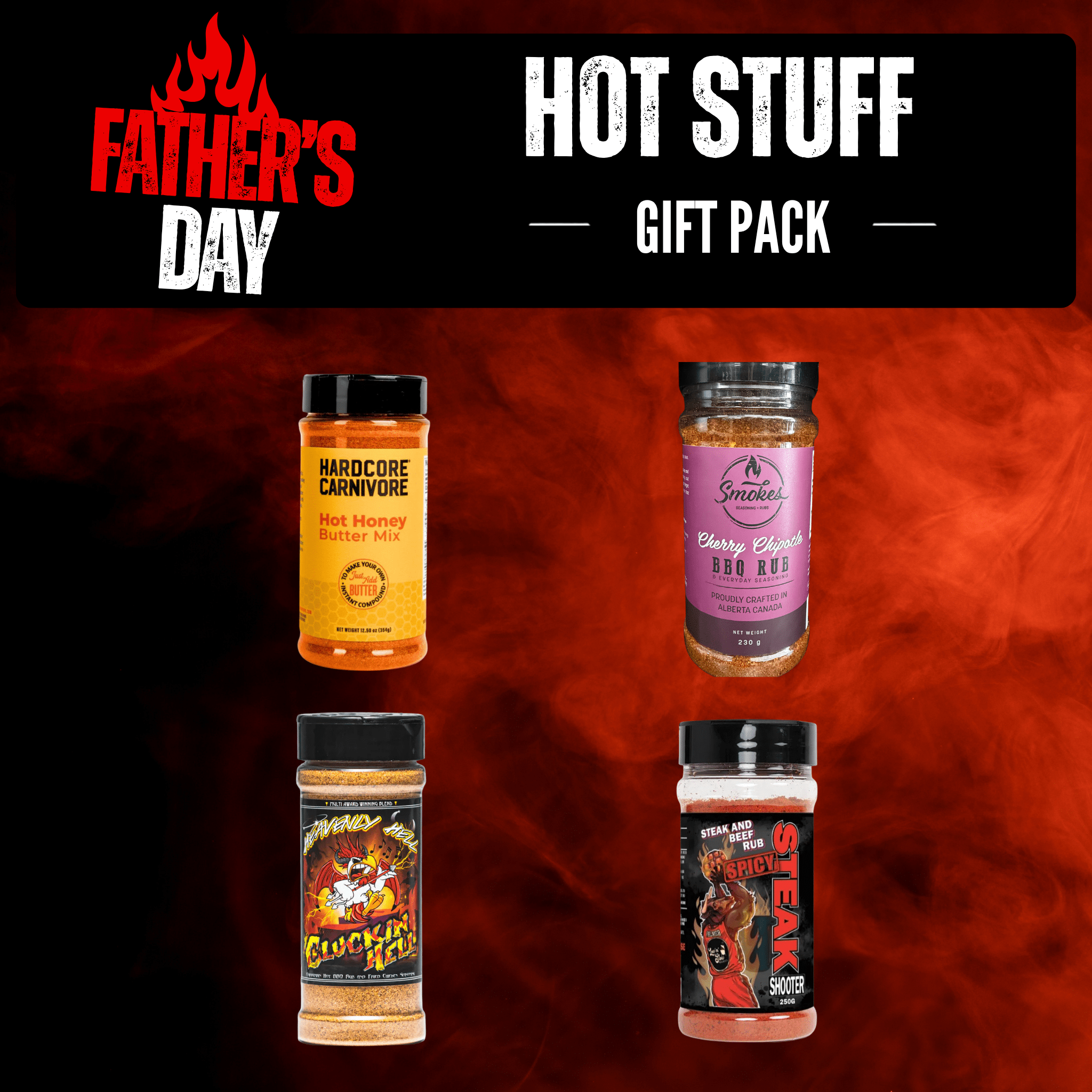 A Father's Day gift pack featuring four hot sauce bottles arranged in a grid against a fiery red and black background. The top of the image has a black banner with the text 'FATHER'S DAY HOT STUFF GIFT PACK'.