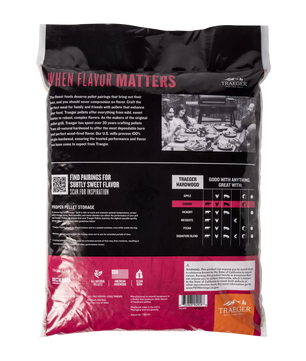 Back view of a Traeger branded pellet package with text and images on a black and red background.