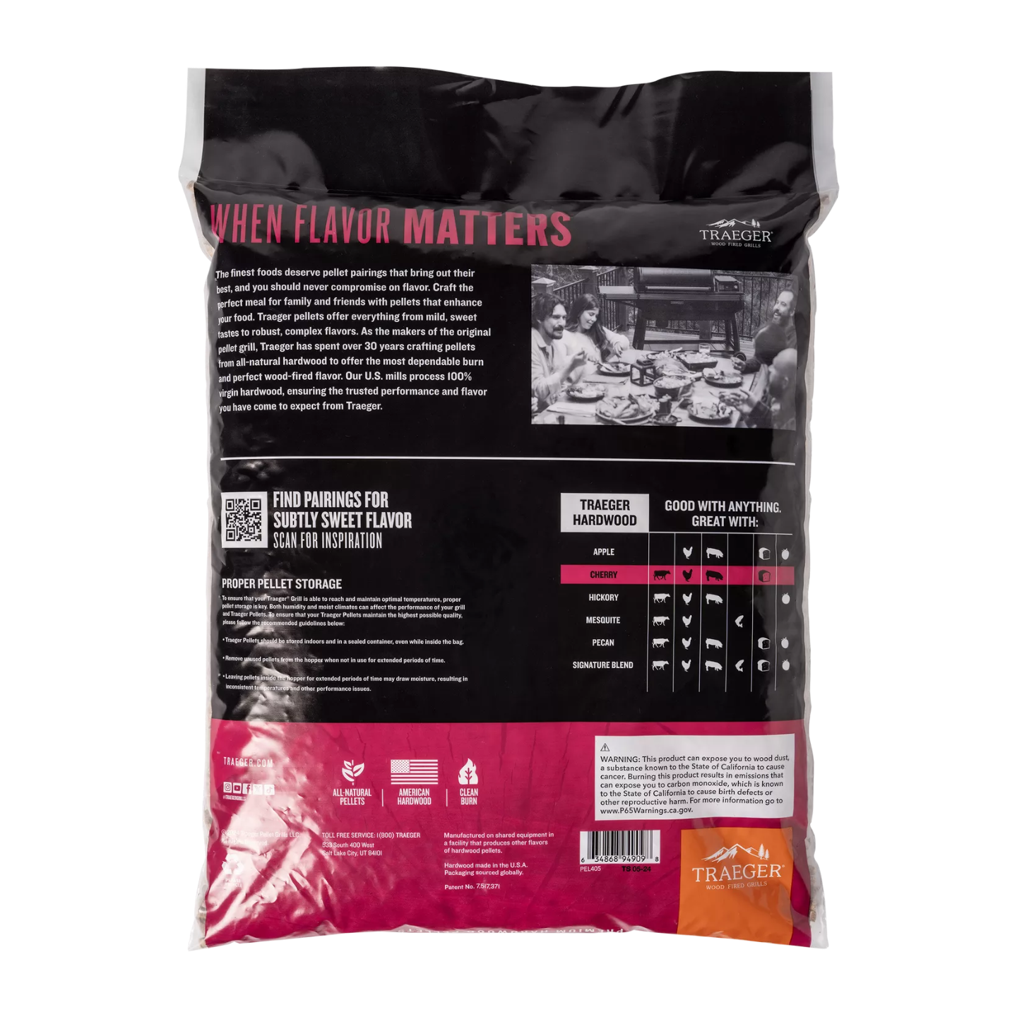 Back view of a Traeger branded pellet package with text and images on a black and red background.