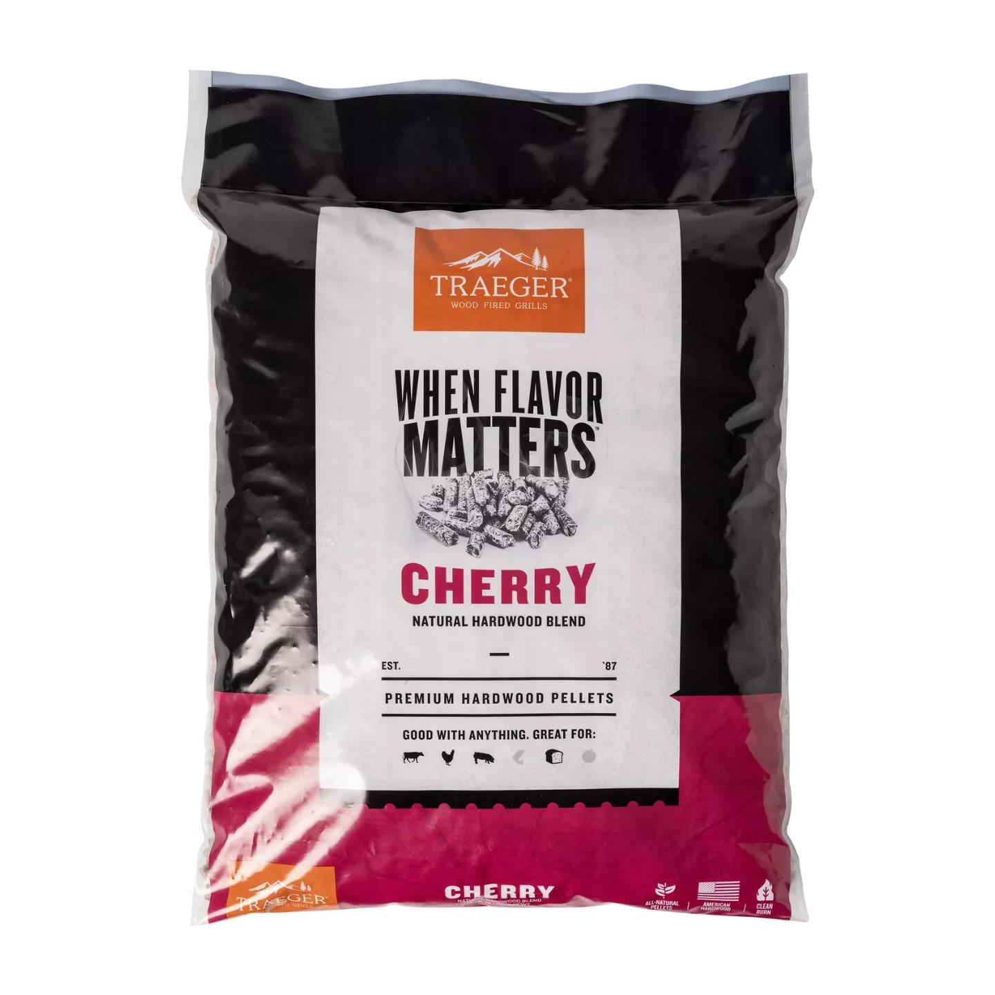 Traeger Cherry hardwood pellets packaging on a white background