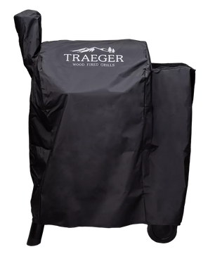 Black grill cover with Traeger logo on a white background