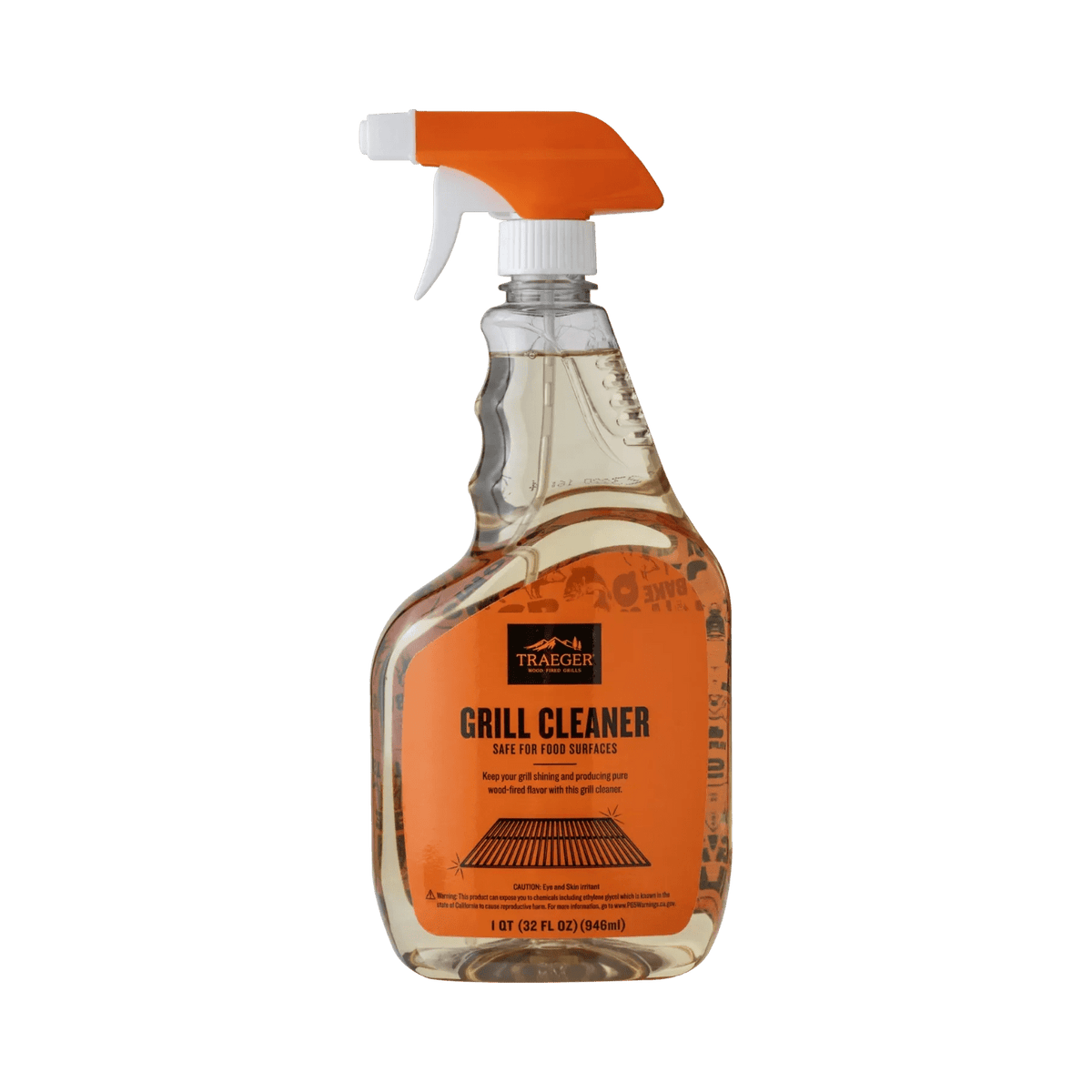 A 16 oz spray bottle of Traeger Grill Cleaner on a white background. The bottle is made of transparent plastic showing the amber liquid inside, with a bright orange trigger spray top and a matching orange label featuring the black Traeger brand logo.