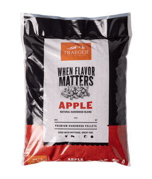 Traeger Apple hardwood pellets packaging on a white background